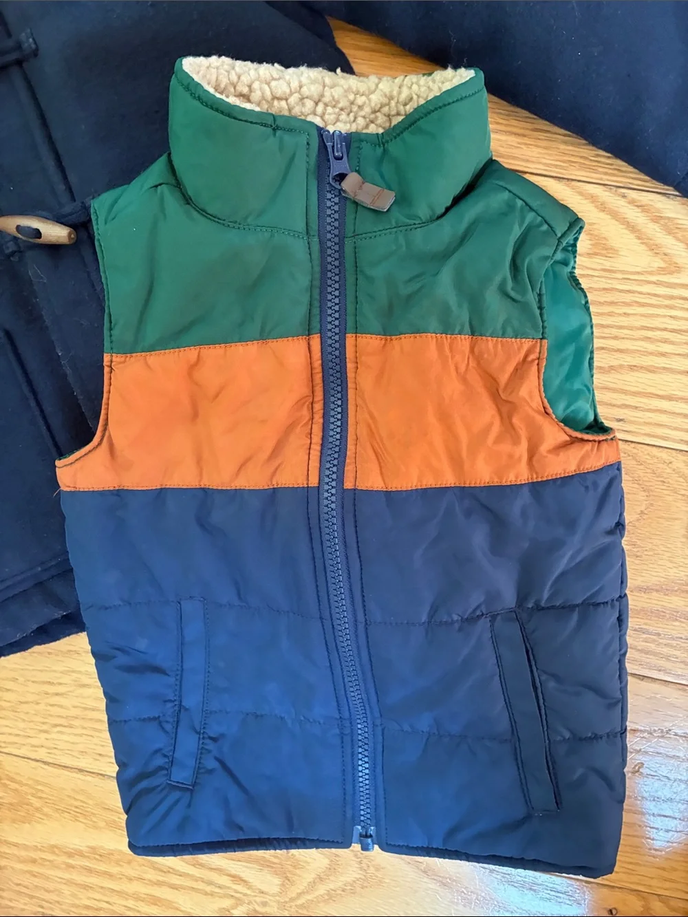OshKosh B'gosh Navy Hooded Duffle Coat with Blue, Green & Orange Puffer Vest
